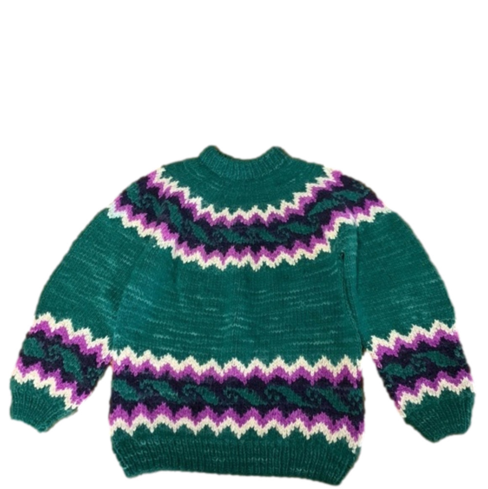 Vintage green, fuchsia, navy and cream handmade wool sweater